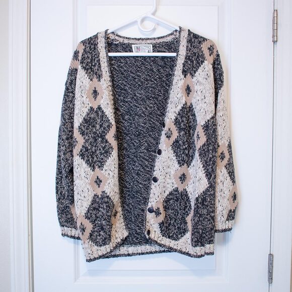 Geometric Knit Cardigan VTG S Gina Peters Sport Black Beige 80s Cozy Soft Summer - Picture 1 of 8